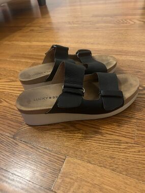 Lucky Brand Black Platform Slide Sandals with Buckle Straps